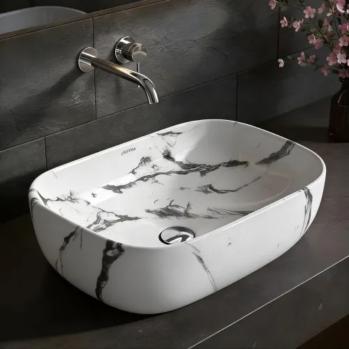 Image of Plantex Tabletop Wash Basin/Bathroom Basin Sink/Ceramic Countertop Basin/Marble Basin with Grey Veins/Wash Basin for Bat