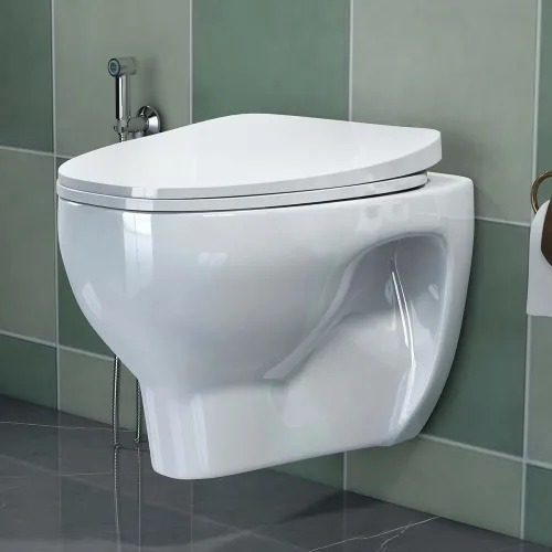 Image of Plantex Ceramic Rim Western Commode/P- Trap Washdown Wall Hung Commode for Toilet with Soft Close Toilet Seat Cover - (C
