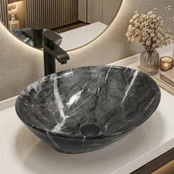 Plantex Ceramic Wash Basin for Bathroom/Table Top Ceramic Basin/Washbasin for Bathroom (BOAT-NS-551-Marble Finish, 16 x 13 x 5.5 Inch)