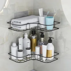 Plantex Corner Shelf for Bathroom/GI Steel Shelf with Minor Surface Marks from Transit, Fully Quality Checked/Self Adhesive Bathroom Organizer - Pack of 2 (Black)
