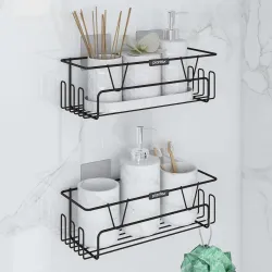 Plantex Adhesive Shelf for Bathroom/GI Steel Shelf with Minor Surface Marks from Transit, Fully Quality Checked/Bathroom Organiser with Side Hook - Pack of 2 (Black)