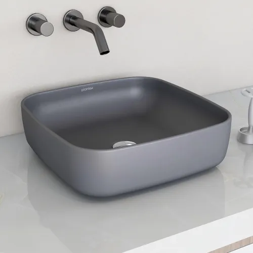 Image of Plantex Premium Tabletop Ceramic Square Wash Basin/Countertop Bathroom Sink (Smoke, 16 x 16 x 5 Inch)