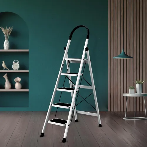 Image of Plantex Steel Ladder for Home/Strong Foldable Wide 5 Step Ladder/Anti-Skid 5 Step Ladder - (Apex - White)