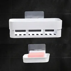 Plastic Adhesive Wall Mounted Bathroom Organizer, No Drill, 1 Shelves and 1 Soap Dish Holders, White, Set of 2