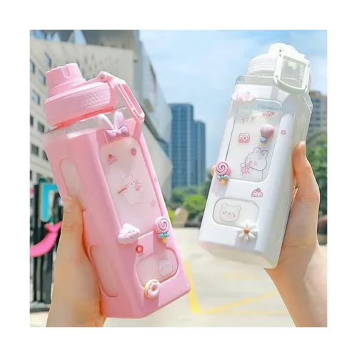 Image of Plastic Kawaii Water Bottle with Straw 700ML (Pink)