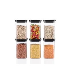 Plastic Push Kitchen Storage Containers, Multipurpose Square Shaped Kitchen Storage Jar Set, Transparent Unbreakable BPA Free Pantry Organizer with Push Cap Airtight Lid for Home(1100ML-6 PC...