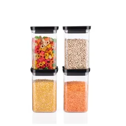 Plastic Push Kitchen Storage Containers, Multipurpose Square Shaped Kitchen Storage Jar Set, Transparent Unbreakable BPA Free Pantry Organizer with Push Cap Airtight Lid for Home(1100ML-4 PC...