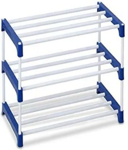 Image of Plexus enterprises 3 layer Rack Plastic Shoe Stand (Blue and White, 3 Shelves, DIY(Do-It-Yourself))