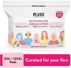 PLUSH 100% Pure U.S. Cotton Rash Free Resealable (12 XXL+ 16 XL+4 Liners) Sanitary Pad (Pack of 32)