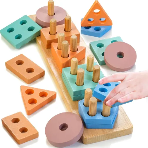 Image of PLUSPOINT Wooden Sorting & Stacking Toy, Colour Recognition Shape Sorter Puzzle Montessori Educational Learning Toy for 