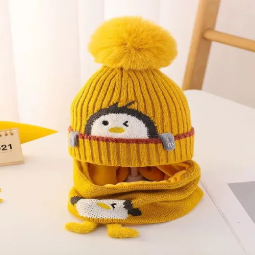 Image of Poftik Kids Pom Pom Woollen Self Design Beanie Caps