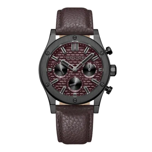 Image of Police Quartz Multifunction Maroon Dial Brown Leather Strap Watch for Men - PLPEWJF0006203