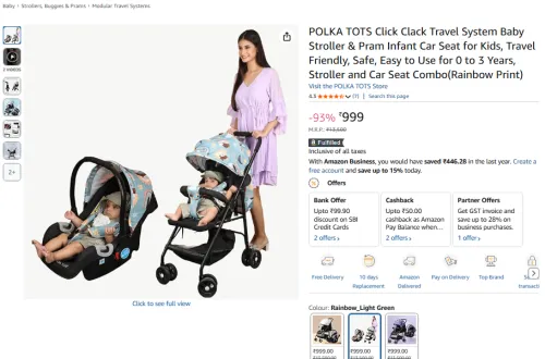 Image of Polka Tots Click Clack Stroller & Car Seat Combo (0–3 Yrs, Rainbow Print)