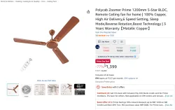 Polycab Zoomer Prime 1200mm 5-Star BLDC, Remote Ceiling fan for home | 100% Copper, High Air Delivery,6 Speed Setting, S