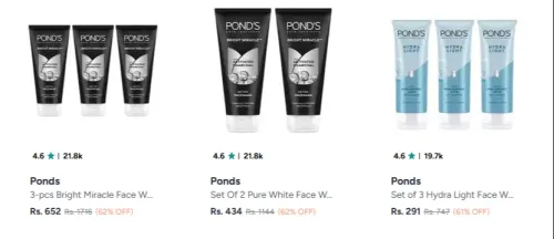 Image of Ponds Set of 3 Bright Facewash Upto 62% OFF