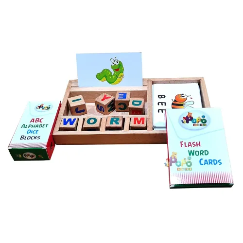 Image of Popo Toys Spell Master Dice Game Wooden Puzzle | Spell Learn for Kids Learning Word Game with Flash Cards | Montessori L