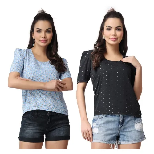 Image of POPWINGS Casual Floral Printed Round-Neck Puff-Sleeves Tops Combo for Women