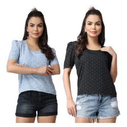 POPWINGS Casual Floral Printed Round-Neck Puff-Sleeves Tops Combo for Women
