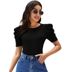POPWINGS Casual Solid Puff Short Sleeves Round Neck Top for Women |) Latest Stylish Western Tops for Women || Summer Women Top