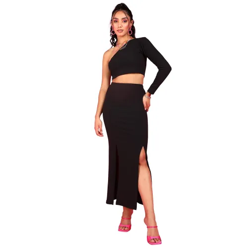 Image of POPWINGS Casual Solid Top and Skirt Co-Ord Set for Women 