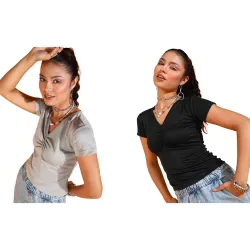POPWINGS Casual Solid V-Neck Short Sleeves Summer Wear Tops Combo for Women