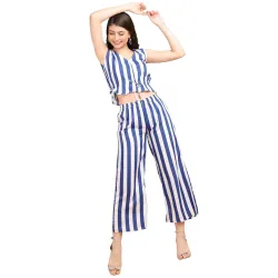 POPWINGS Casual Stripe Printed Crop Top and Trouser Co-Ords Set for Women || Top and Bottom Set for Women || Women Top and Trousers Set | Women Latest Trendy Co Ords Set || Two Piece Set for Women