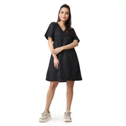 POPWINGS Casual Printed V-Neck Short Sleeves Knee-Length Fit and Flare Dress