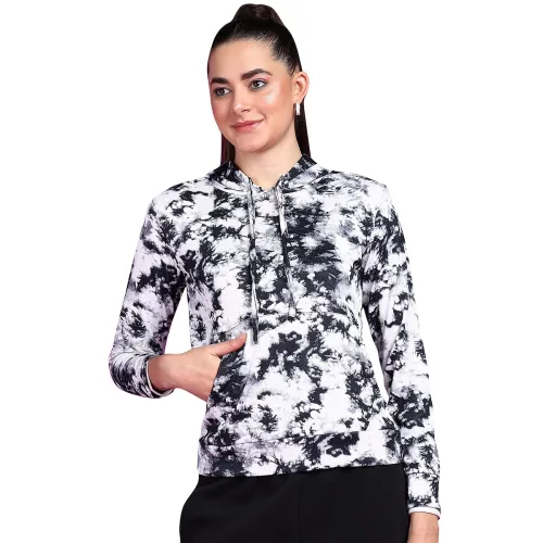 Image of POPWINGS Women Casual Azure Blue Floral Print Hooded Pocket Sweatshirt