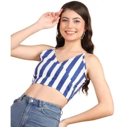 POPWINGS Women Casual Blue & White Stripe Print Strap Crop Top