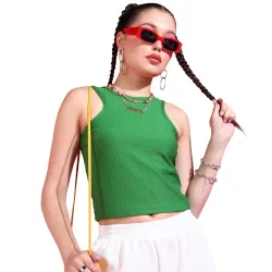 POPWINGS Women Casual Green Rib Tank Crop Top Tops for Women | Stylish Tops for Women | Trendy Tops Women
