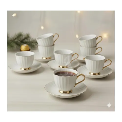 Image of Tea Cups and Saucers Set of 6 (180 Ml), Porcelain White Tea Cup Set with Golden Trim, Dishwasher Safe for Tea Milk & Cof