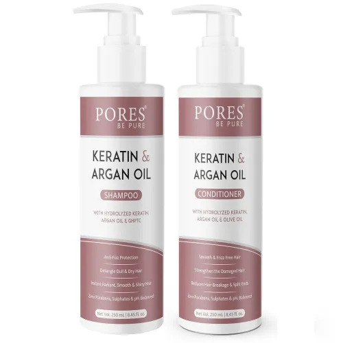 Image of PORES BE PURE Keratin & Argan Oil Shampoo and Conditioner Combo | Nourishes Hair & Repairs Dry, Damaged Hair | For Men &