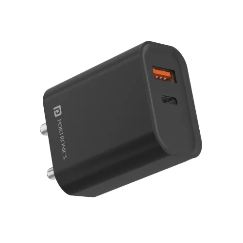 Image of Portronics Adapto 45 22.5 W Mobile Charger Adapter with Dual Port (USB A + PD Type C), Fast Charging, Short Circuit Prot
