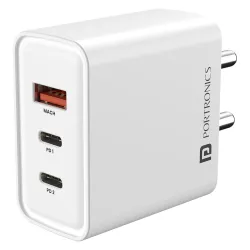 Portronics 65W Adapto 65M Triple Port Fast Charging Laptop Adaptor, 2 x Type C PD Port,1 x USB-A Port, Compatible with L
