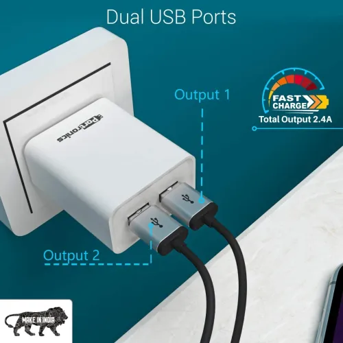 Image of Portronics Adapto 66 2.4A 12w Dual USB Port 5V/2.4A Wall Charger,Comes with 1M Micro USB Cable