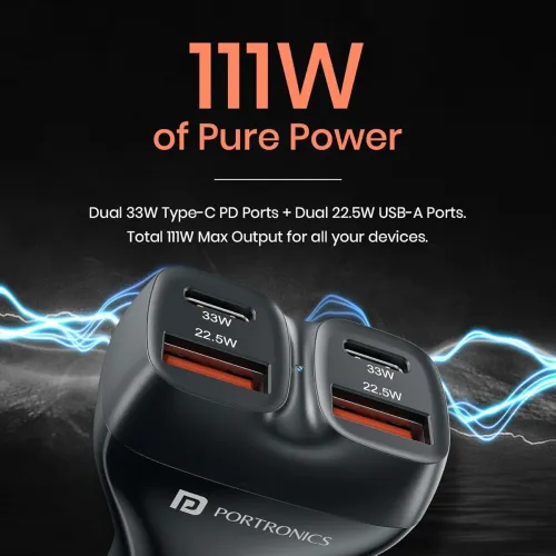 Image of Portronics Car Power Quard 111W Car Charger, 4 Ports Fast Car Charger, Dual 33W Type-C PD, Dual 22.5W USB-A