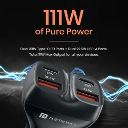 Portronics Car Power Quard 111W Car Charger, 4 Ports Fast Car Charger, Dual 33W Type-C PD, Dual 22.5W USB-A
