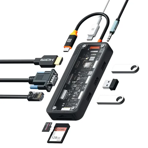 Image of Portronics MPort View Three 10-in-1 USB-C Docking Station, 100 W PD Charging, 4K HDMI, VGA, RJ45 Ethernet, SD/TF Card Sl