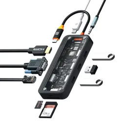 Portronics MPort View Three 10-in-1 USB-C Docking Station, 100 W PD Charging, 4K HDMI, VGA, RJ45 Ethernet, SD/TF Card Sl