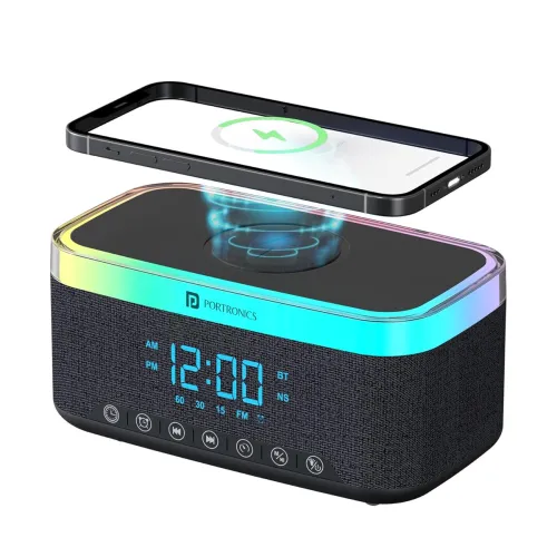 Image of Portronics Trifusion 16W HD Sound Bluetooth Speaker with 15W Wireless Charging, 360°RGB LED Lights