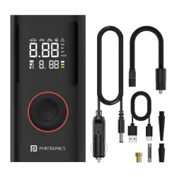 Portronics Vayu, 2-in-1 Tyre Inflator, Rechargeable & Corded Power, Preset Inflation Modes, Digital Display, Flashlight 