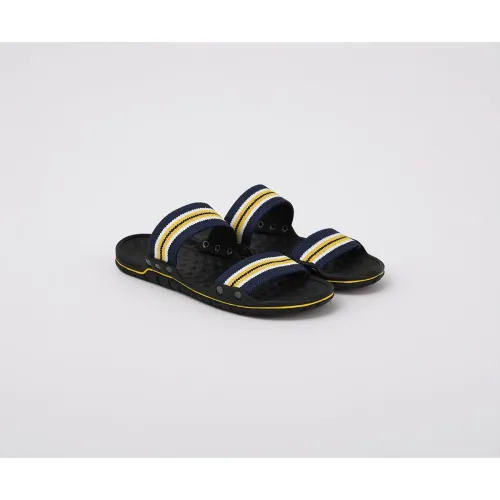 Image of POS Men's Black Slide Sandals with Striped Accents, Cushioned Footbed