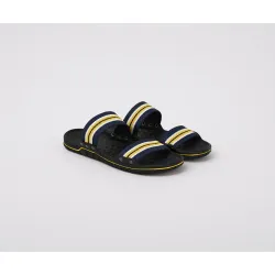 POS Men's Black Slide Sandals with Striped Accents, Cushioned Footbed