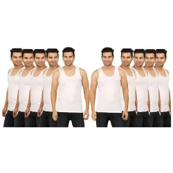 PRAKASAM COTTON Mens Combed Cotton Round Neck Sleeveless White Vest with Extended Length for Easy Tuck (Gold) pack of 1