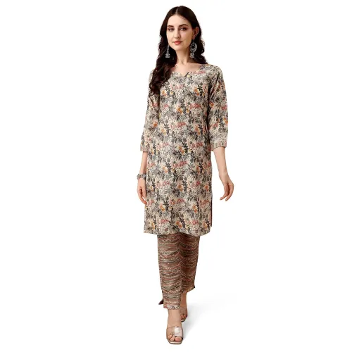 Image of Pratham Cotton Blend Straight Printed Kurta Set with Pant