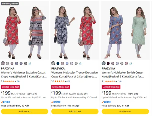 Image of PRAZVIKA Women Pack of 2 Kurta Flat @ ₹199