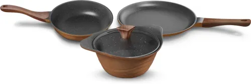 Image of Preethi Artistic Die Cast Non Stick Set 27cm Tawa,24cm Fry Pan,Kadai 24cm With Glass Lid Non-Stick Coated Cookware Set (