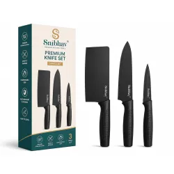 Premium 3 Piece Kitchen Knife Set, Stainless Steel, Black