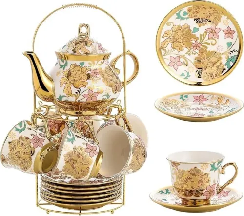 Image of Premium Ceramic Tea Set of 13 PCS Teapot (800ML) with 6 Cups (180ML Each), 6 Saucers & Holder Stand Elegant Gift for Tea