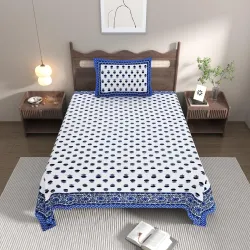 Premium Cotton Bedsheet | 280 TC | Blue Marigold | 1 Pillow Cover